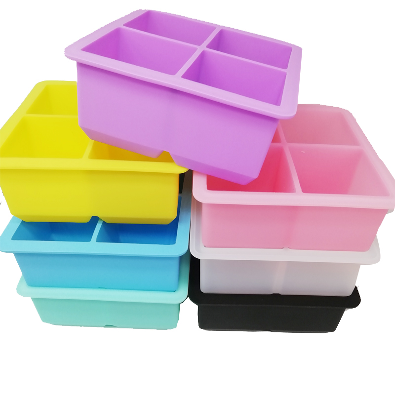 Големи тави за кубче лед 4 кухина силикон за кубчета за кубчета с за фризер, подредени ледени кубчета за приготвяне на големи квадратни кубчета лед за коктейли и бърбън